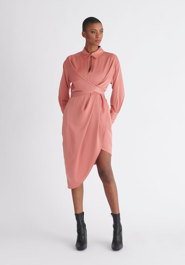 Paisie Asymmetric Hem Shirt Dress in Coral Pink